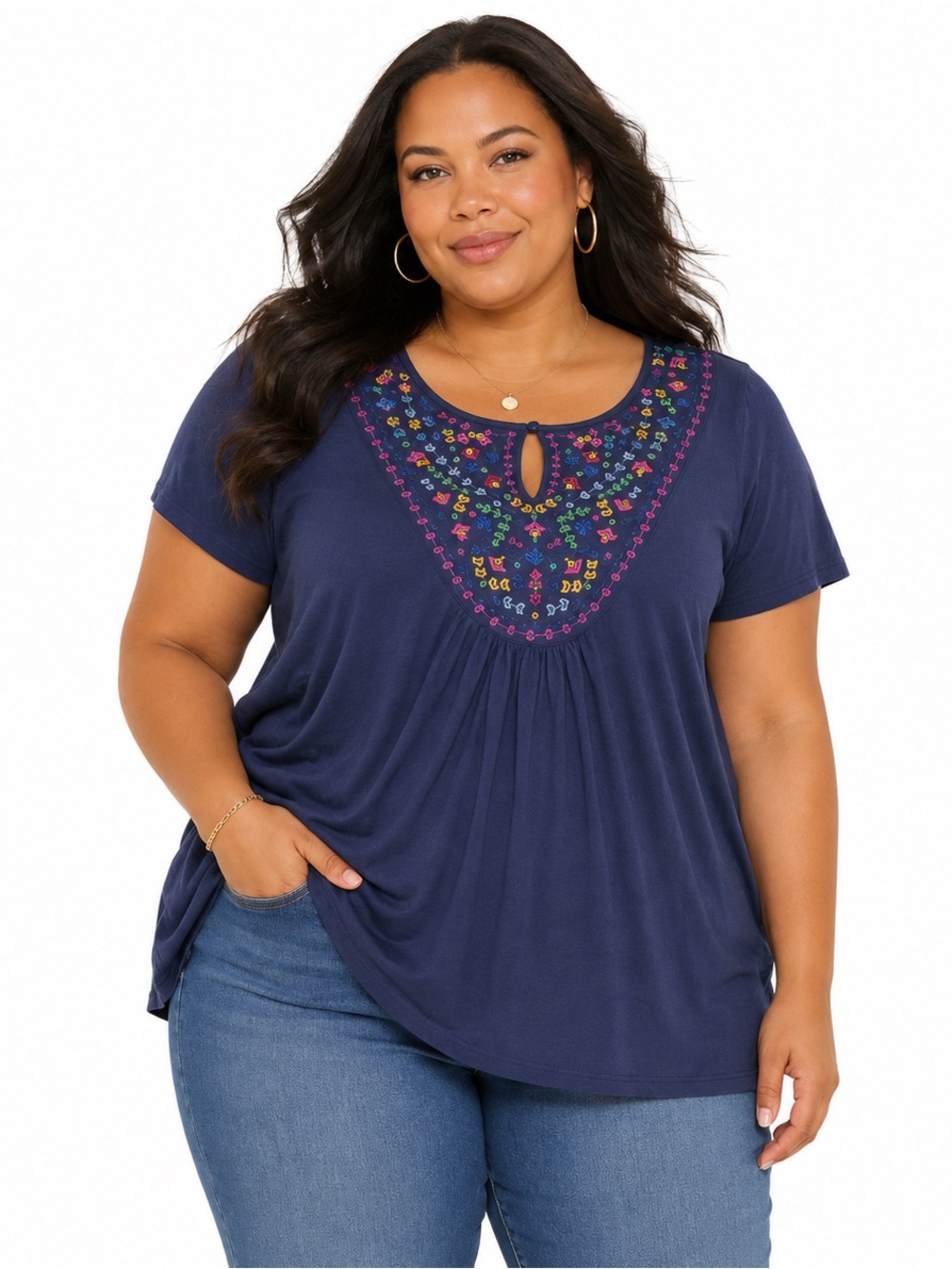 Women RBX Tunic Top Sz 1X Embroidery Festival Boho Beaded Navy Lightweight